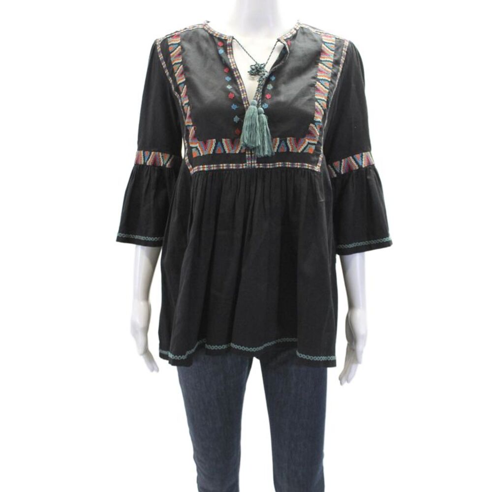 Talitha Womens Long Sleeve V Neck Embroidered Tunic Blouse Black Size M